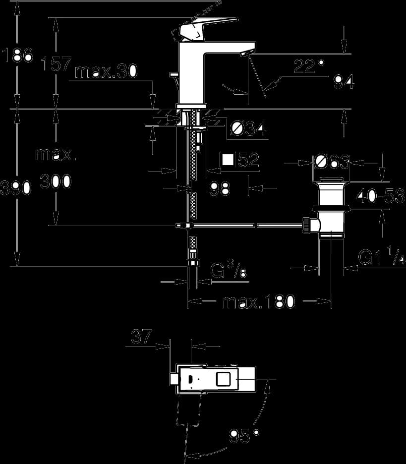 GROHE Eurocube Baterie lavoar monocomandă 1/2" - desen tehnic cu cote