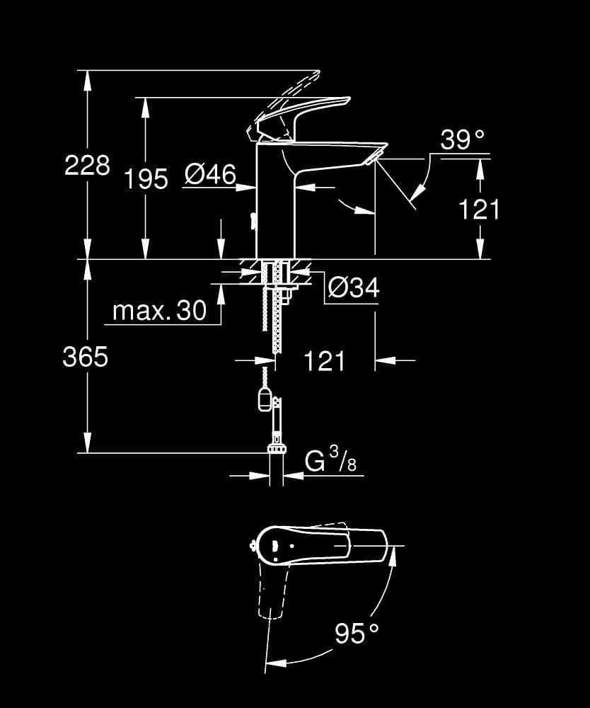 GROHE Eurosmart Baterie lavoar monocomandă 1/2" Mărimea M - desen tehnic cu cote