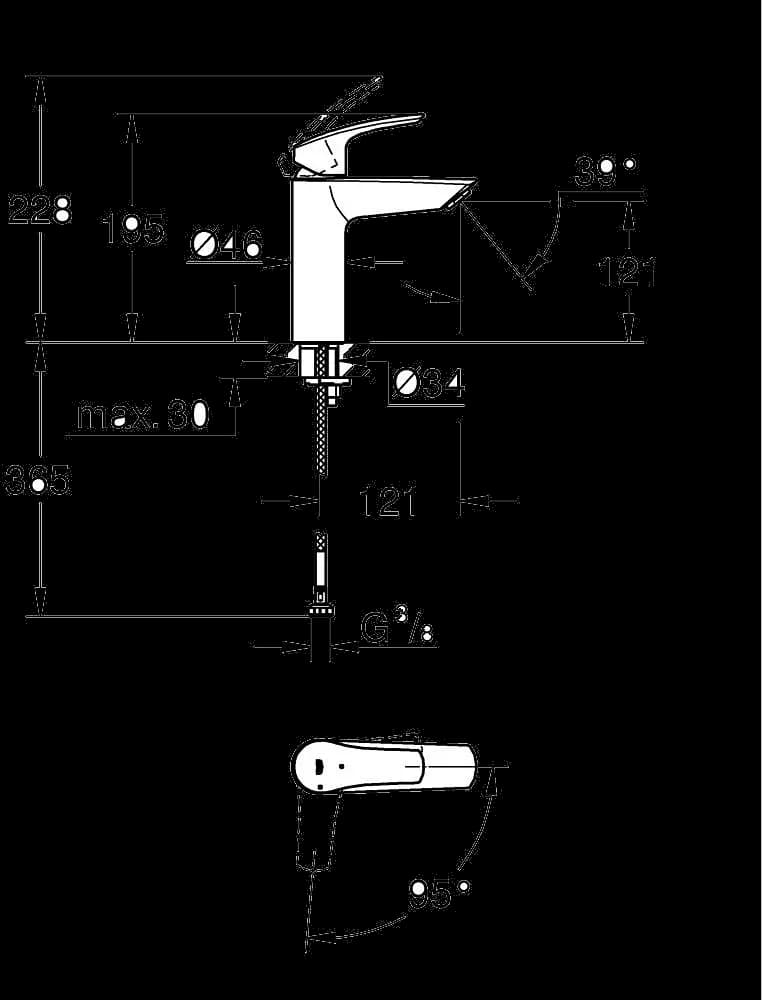 GROHE Eurosmart Baterie lavoar monocomandă 1/2" Mărimea M - desen tehnic cu cote