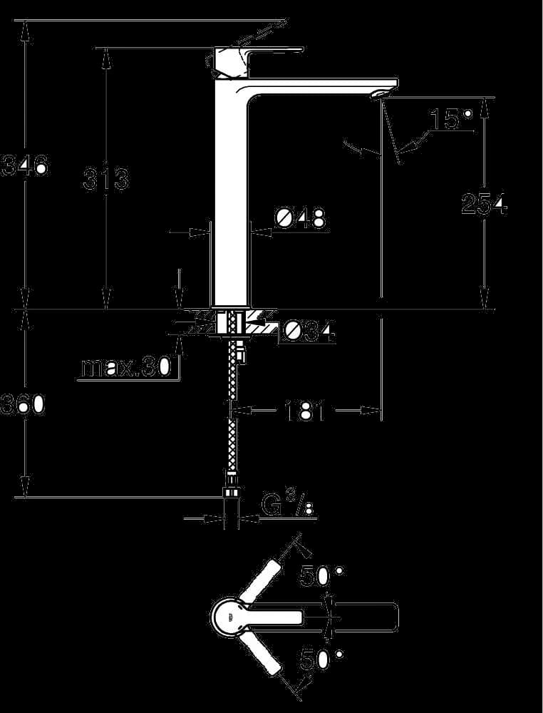 GROHE Lineare Baterie lavoar monocomandă 1/2" Mărimea XL - desen tehnic cu cote