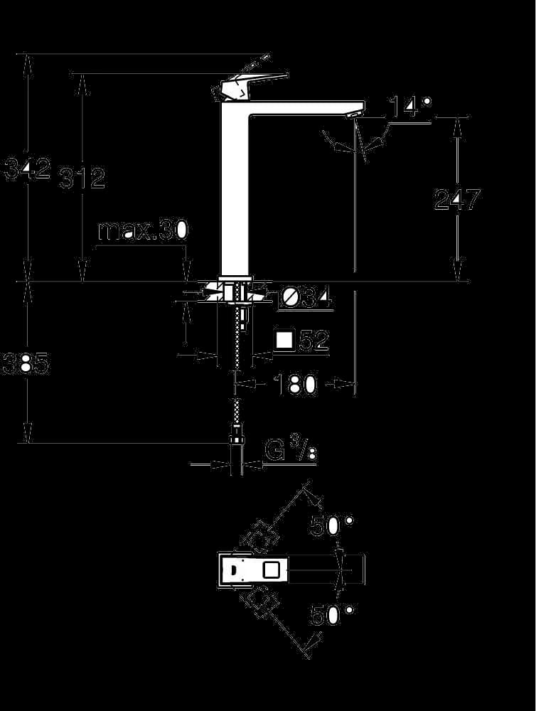 GROHE Eurocube Baterie lavoar monocomandă 1/2" Mărimea XL - desen tehnic cu cote