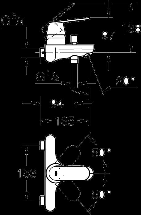 GROHE Eurosmart Cosmopolitan Baterie cadă monocomandă ¾" - desen tehnic cu cote
