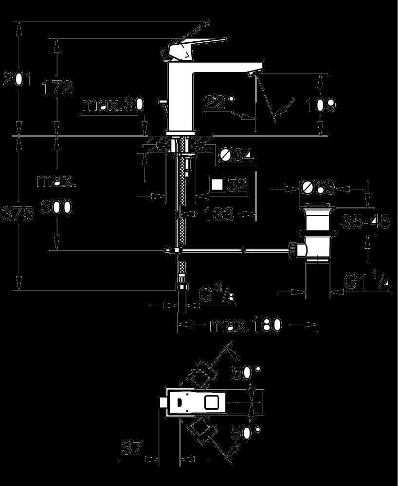GROHE Eurocube Baterie lavoar monocomandă 1/2" Mărimea M - desen tehnic cu cote