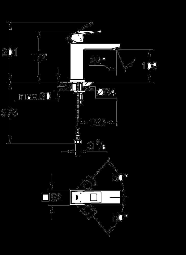 GROHE Eurocube Baterie lavoar monocomandă 1/2" Mărimea M - desen tehnic cu cote