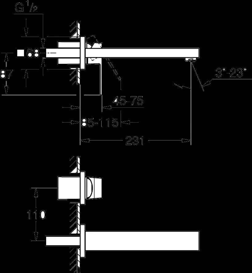 GROHE Eurocube Baterie lavoar cu 2 găuri Mărimea M - desen tehnic cu cote