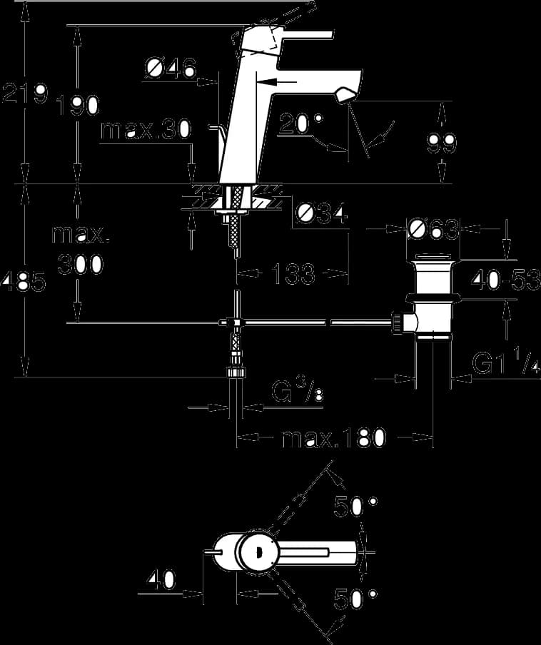GROHE Concetto Baterie lavoar monocomandă 1/2" Mărimea M - desen tehnic cu cote