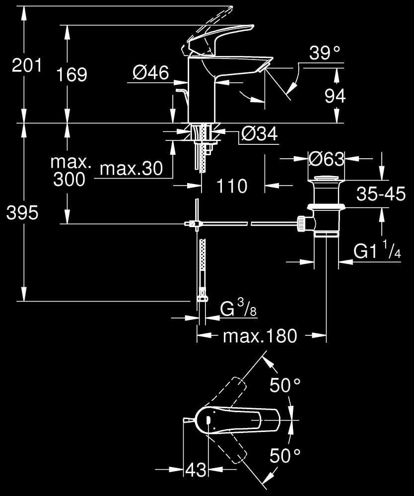 GROHE Eurosmart Baterie lavoar monocomandă 1/2" - desen tehnic cu cote