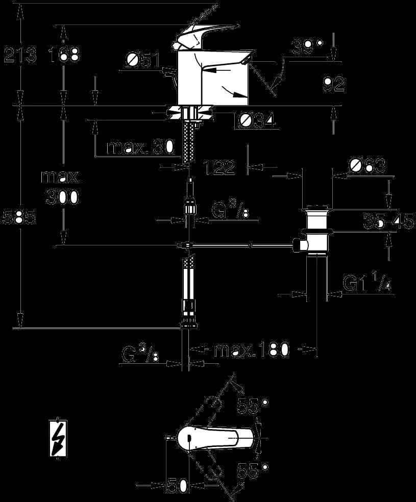 GROHE Eurosmart Baterie lavoar monocomandă 1/2" - desen tehnic cu cote