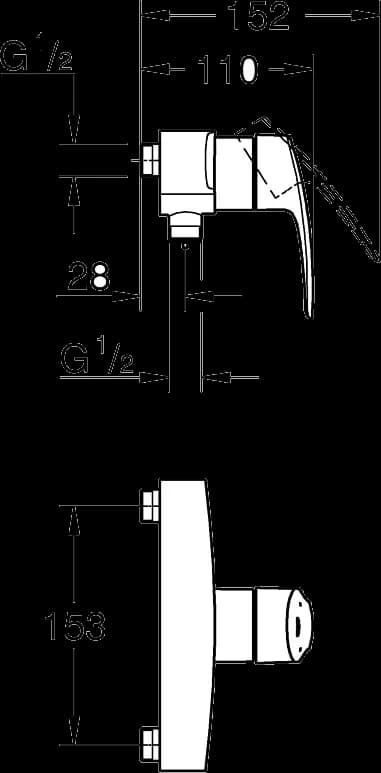 GROHE Eurosmart Baterie duş monocomandă 1/2" - desen tehnic cu cote