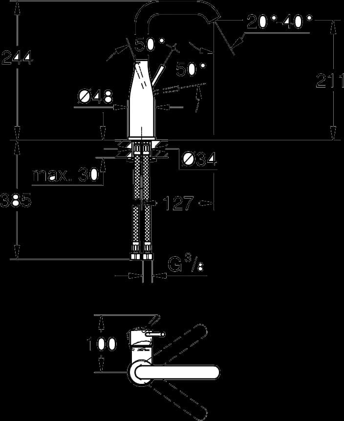 GROHE Essence Baterie lavoar monocomandă 1/2" Mărimea L - desen tehnic cu cote