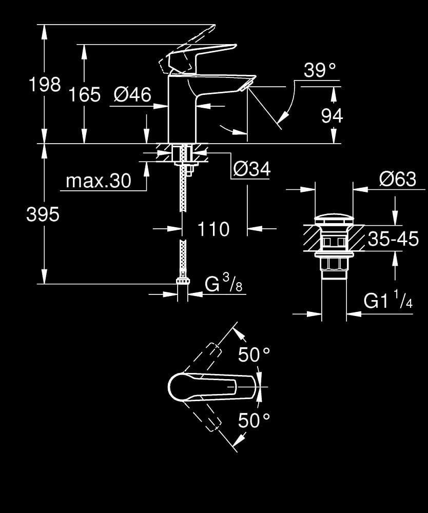 GROHE Start Baterie lavoar monocomandă 1/2" - desen tehnic cu cote