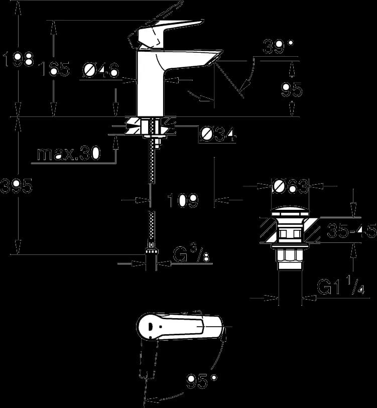 GROHE Start Baterie lavoar monocomandă 1/2" - desen tehnic cu cote