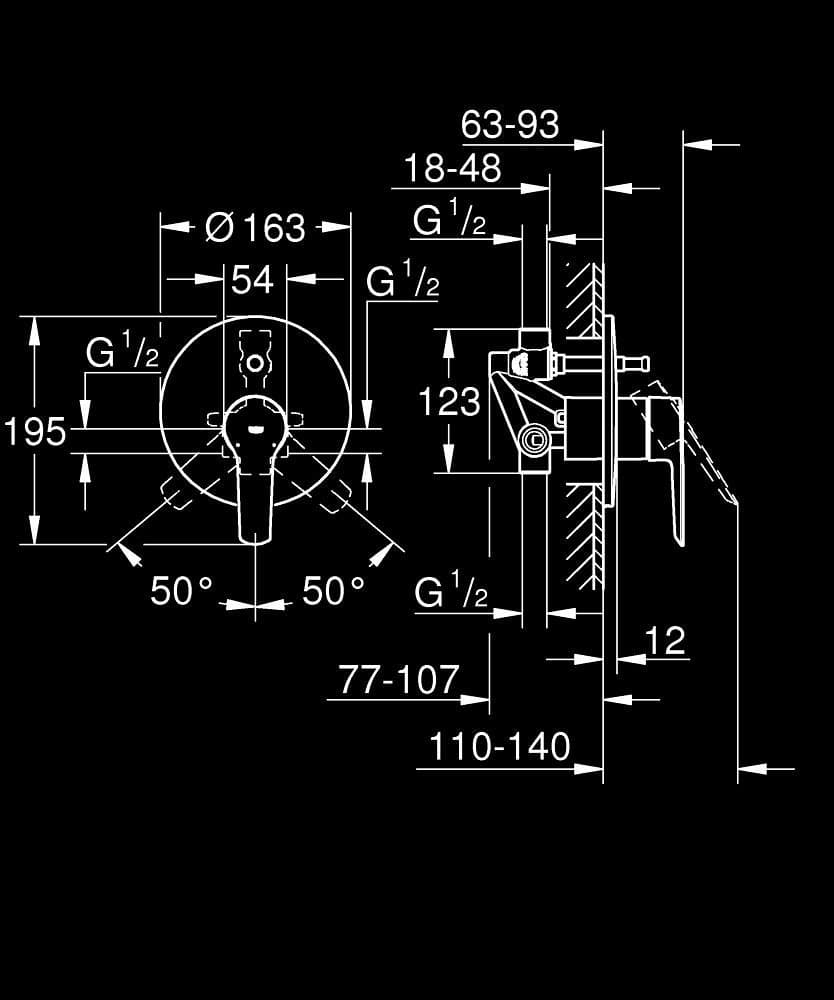 GROHE Start Baterie cadă monocomandă 1/2" - desen tehnic cu cote