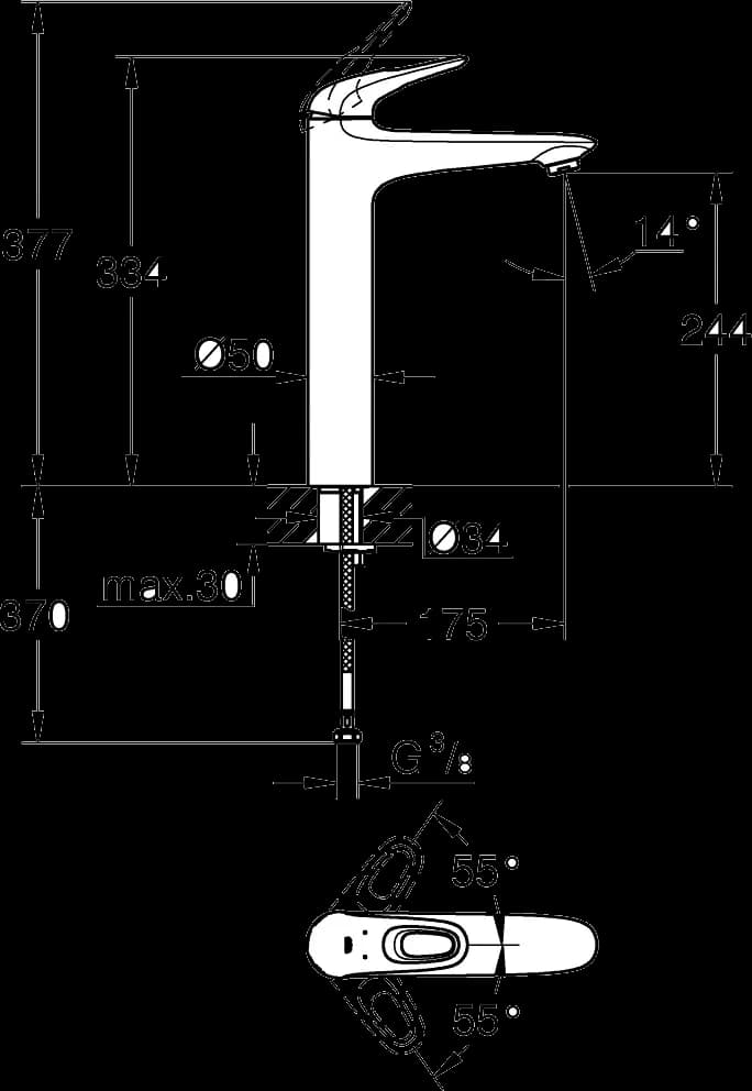 GROHE Eurostyle Baterie lavoar monocomandă 1/2" Mărimea XL - desen tehnic cu cote