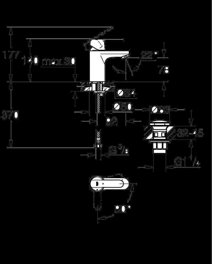 GROHE Get Baterie lavoar monocomandă 1/2" - desen tehnic cu cote