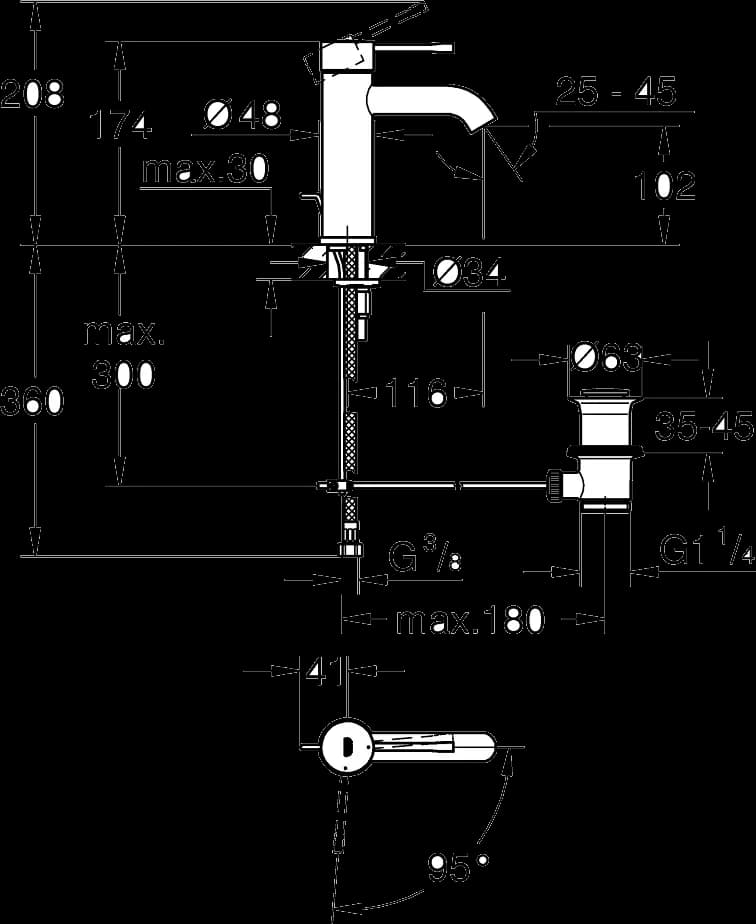 GROHE Essence Baterie lavoar monocomandă 1/2" - desen tehnic cu cote