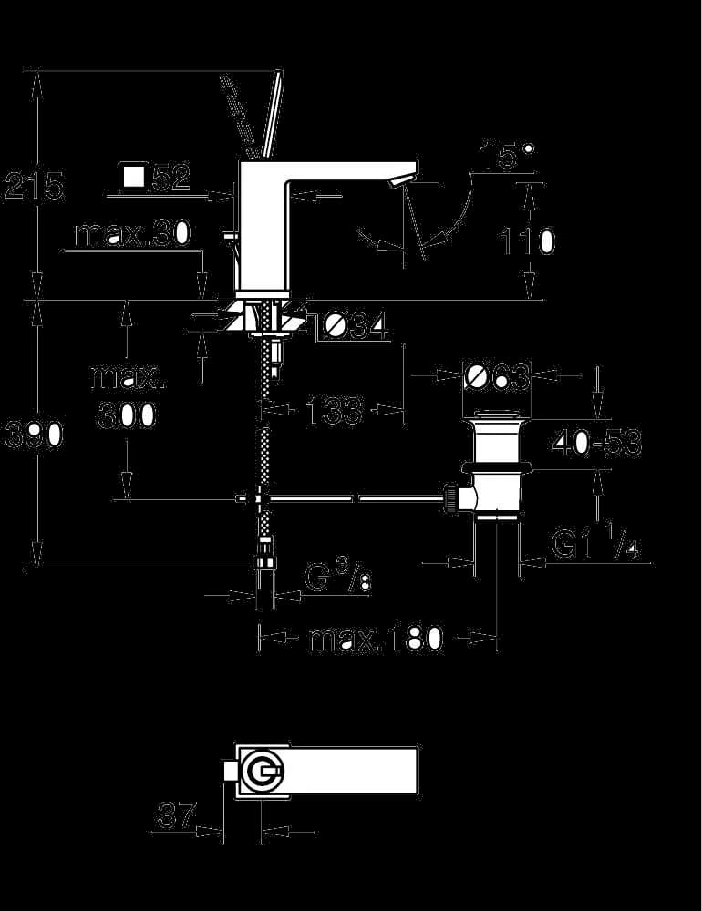GROHE Eurocube Joy Baterie lavoar monocomandă 1/2" Mărimea M - desen tehnic cu cote