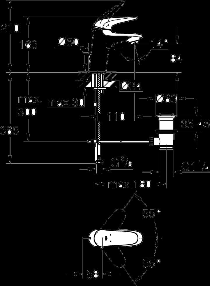 GROHE Eurostyle Baterie lavoar monocomandă 1/2" - desen tehnic cu cote