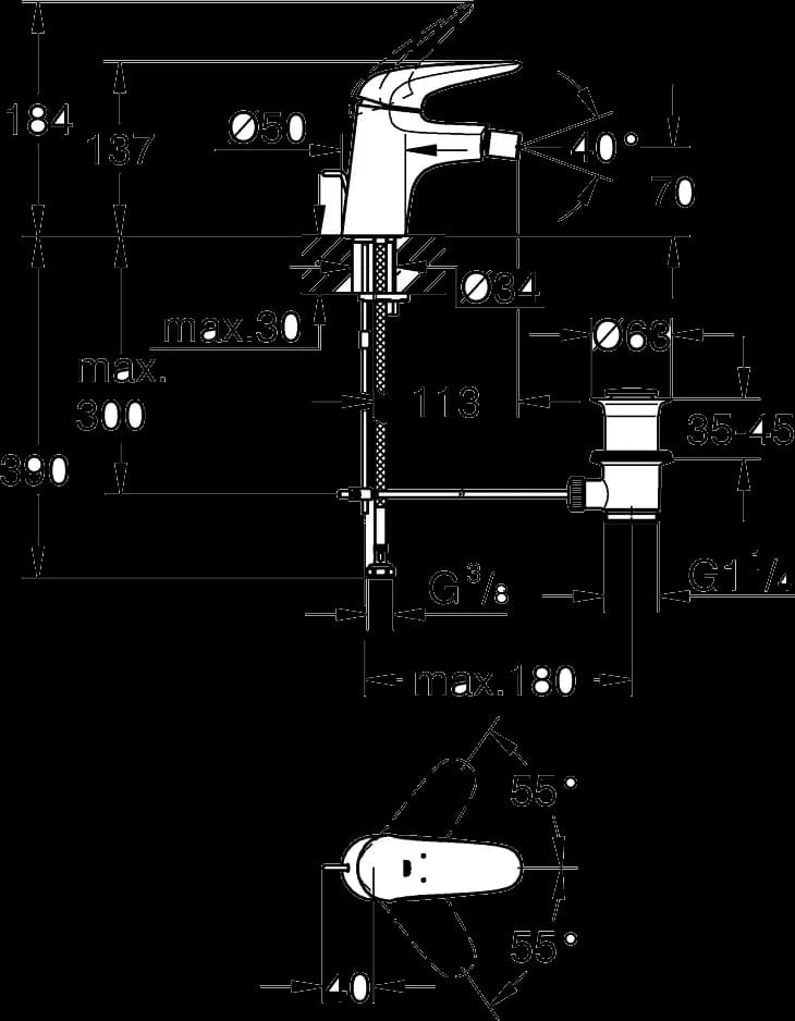 GROHE Eurostyle Baterie bideu monocomandă 1/2" Mărimea S - desen tehnic cu cote