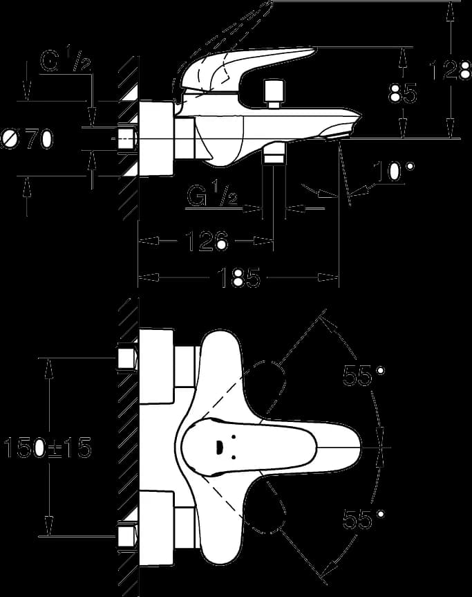 GROHE Eurostyle Baterie cadă monocomandă 1/2" - desen tehnic cu cote