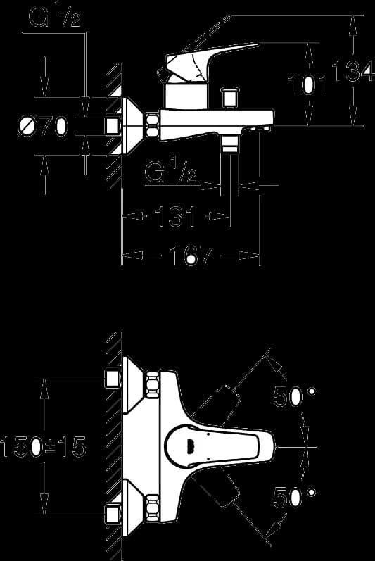 GROHE BauFlow Baterie cadă monocomandă 1/2" - desen tehnic cu cote