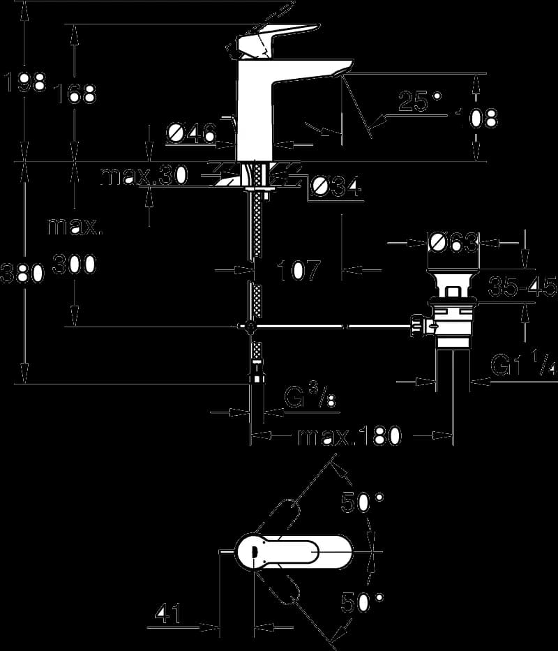GROHE BauEdge Baterie lavoar monocomandă 1/2" Mărimea M - desen tehnic cu cote