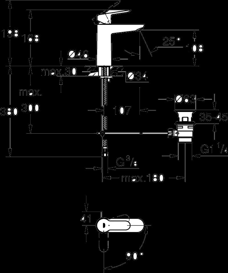 GROHE BauEdge Baterie lavoar monocomandă 1/2" Mărimea M - desen tehnic cu cote