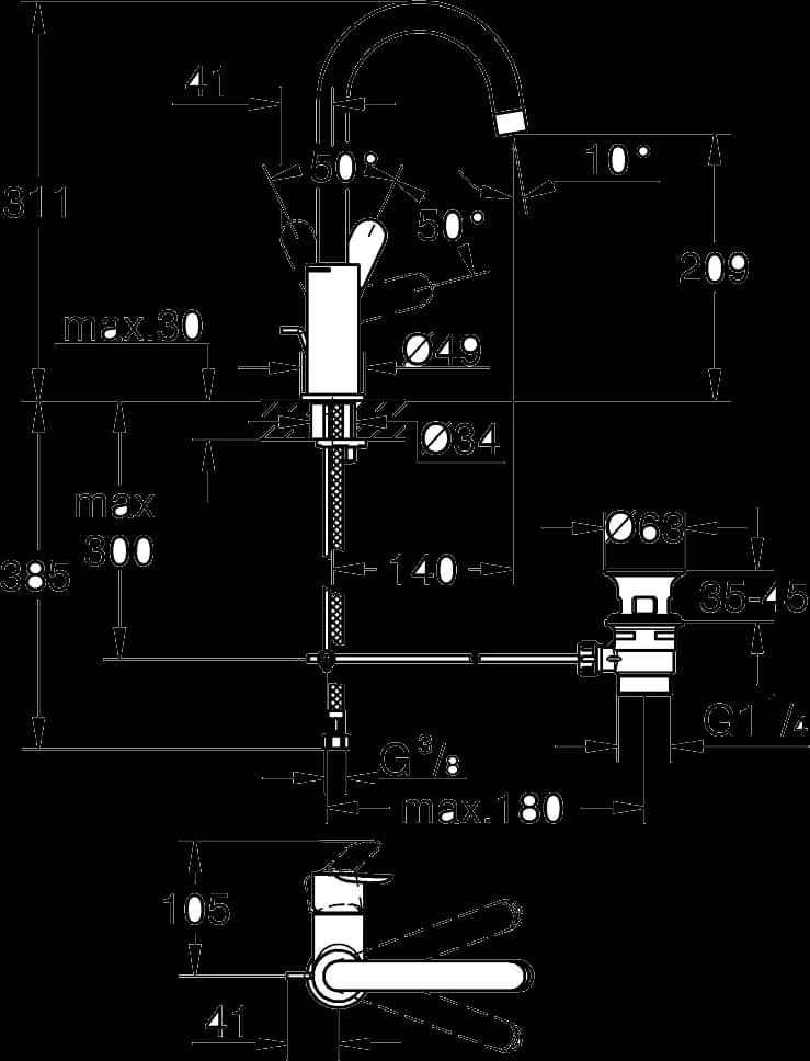 GROHE BauEdge Baterie lavoar monocomandă 1/2" Mărimea L - desen tehnic cu cote