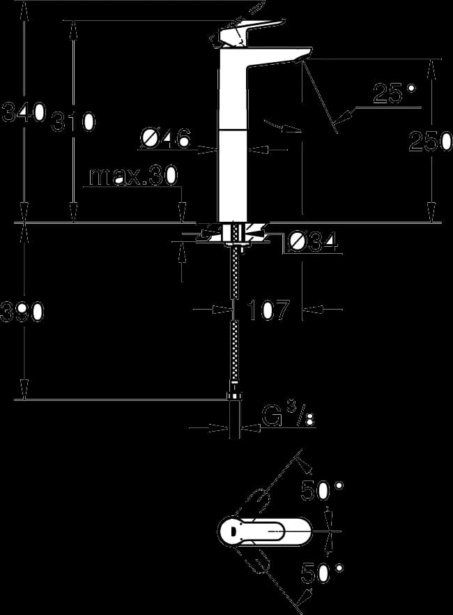 GROHE BauEdge Baterie lavoar monocomandă 1/2" Mărimea XL - desen tehnic cu cote