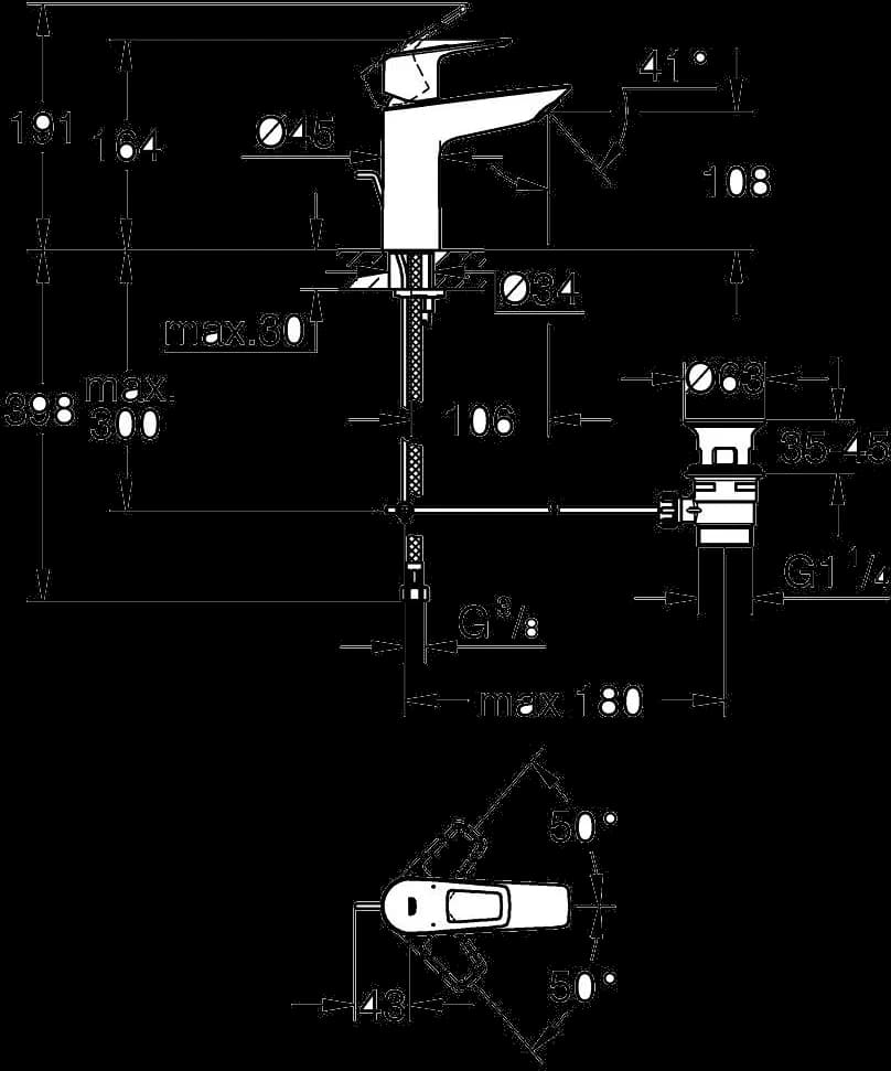 GROHE BauLoop Baterie lavoar monocomandă 1/2" Mărimea M - desen tehnic cu cote
