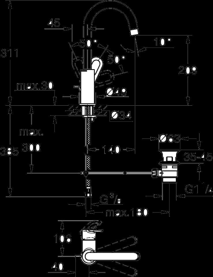 GROHE BauLoop Baterie lavoar monocomandă 1/2" Mărimea L - desen tehnic cu cote