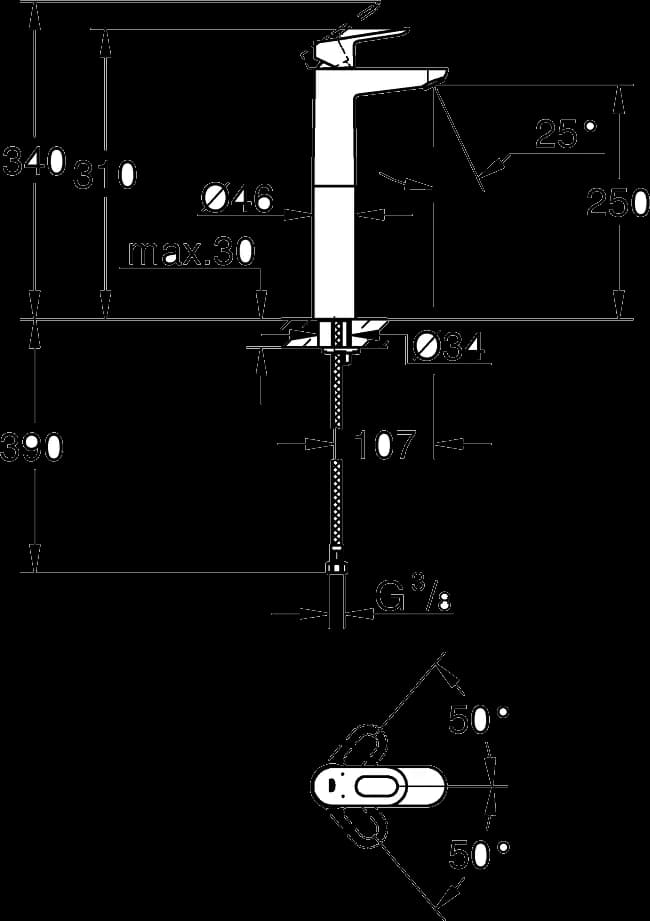 GROHE BauLoop Baterie lavoar monocomandă 1/2" Mărimea XL - desen tehnic cu cote