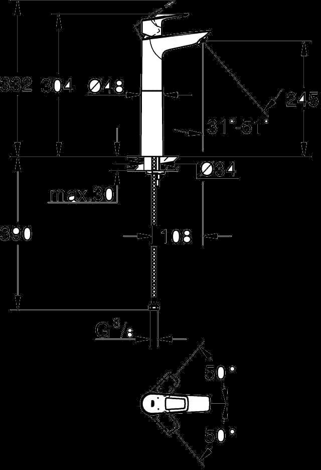 GROHE BauLoop Baterie lavoar monocomandă 1/2" Mărimea XL - desen tehnic cu cote