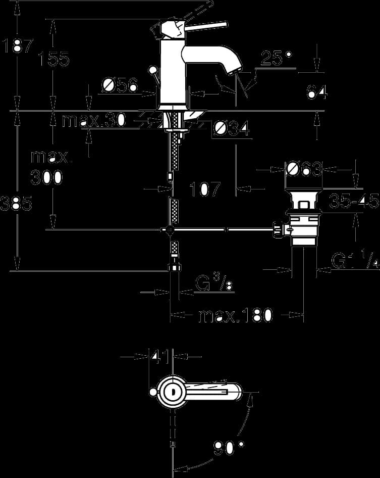 GROHE Start Classic Baterie lavoar monocomandă 1/2" - desen tehnic cu cote