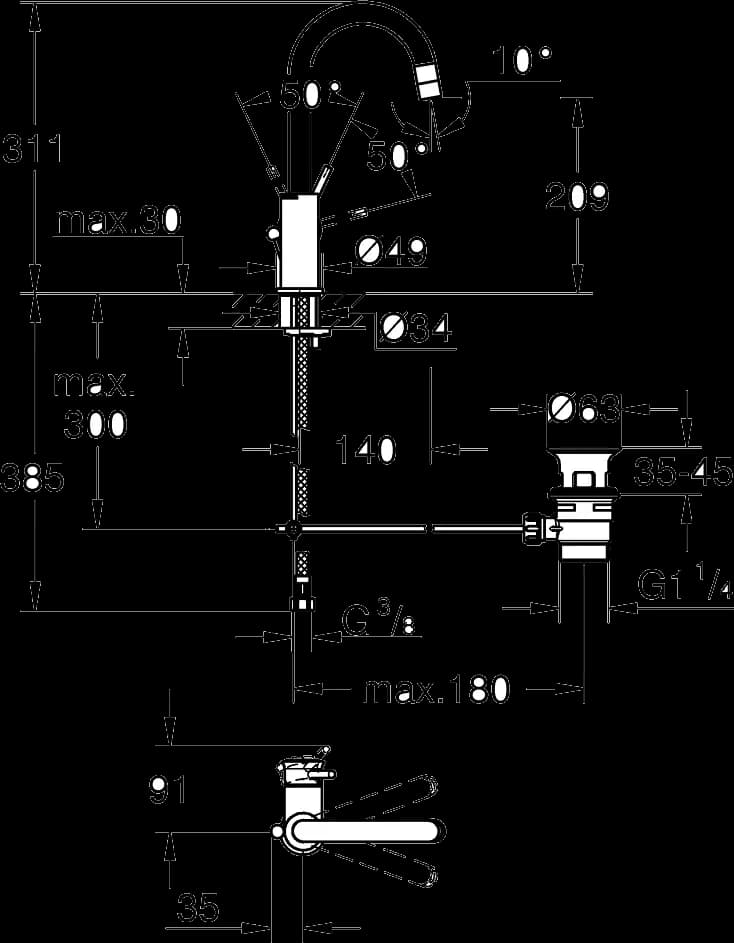 GROHE Start Classic Baterie lavoar monocomandă 1/2" Mărimea L - desen tehnic cu cote