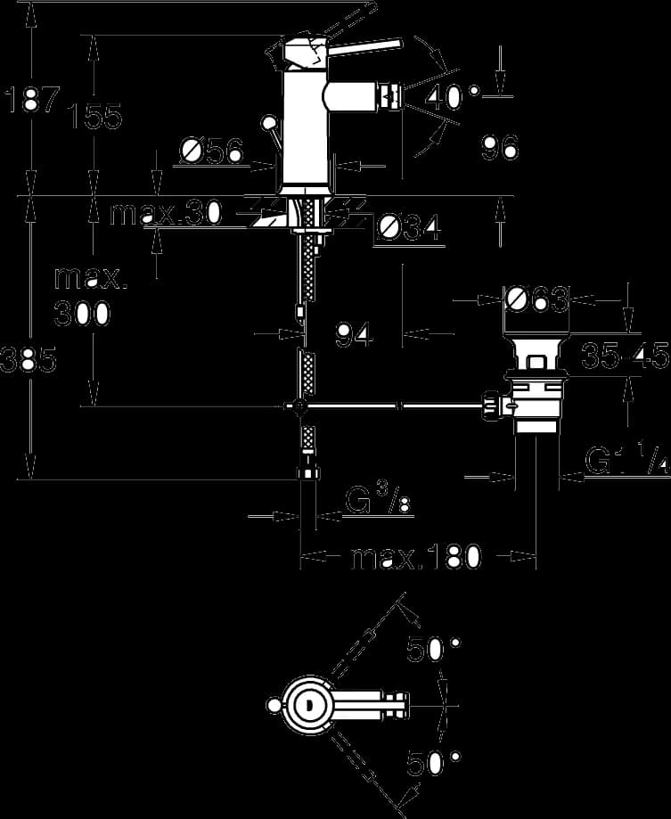 GROHE Start Classic Baterie bideu monocomandă 1/2" - desen tehnic cu cote