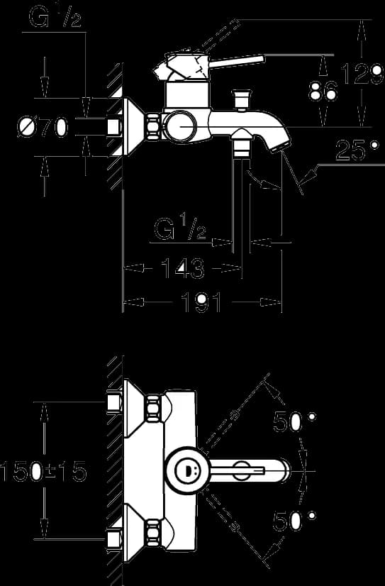 GROHE Start Classic Baterie cadă monocomandă 1/2" - desen tehnic cu cote