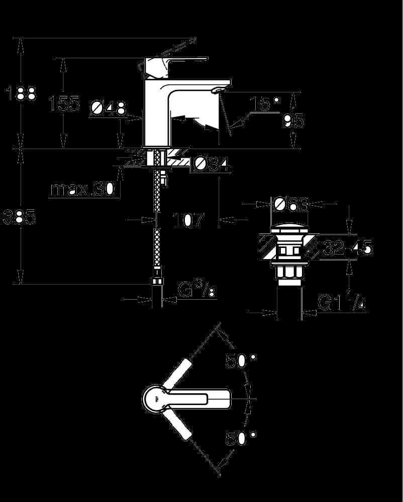GROHE Lineare Baterie lavoar monocomandă 1/2" Mărimea XS - desen tehnic cu cote