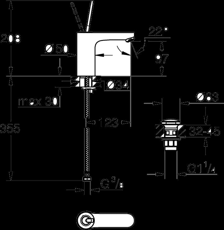 GROHE Get Baterie lavoar monocomandă 1/2" Mărimea M - desen tehnic cu cote