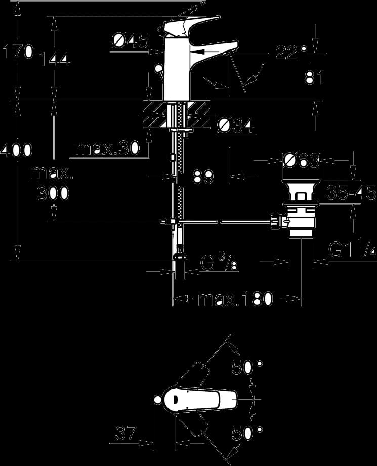 GROHE BauFlow Baterie lavoar monocomandă 1/2" - desen tehnic cu cote