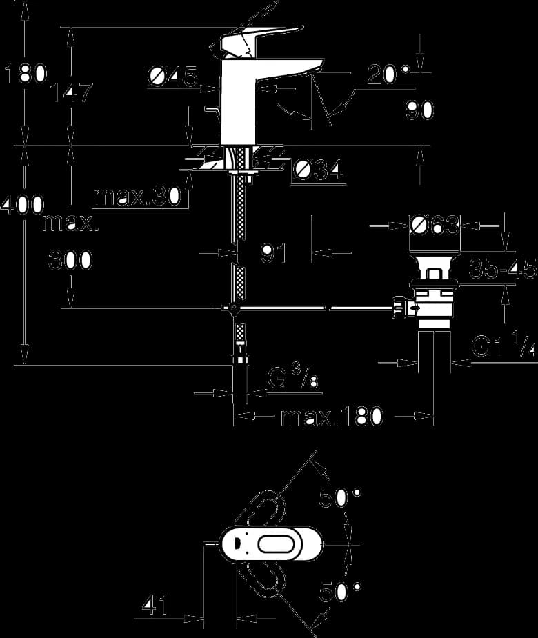GROHE BauLoop Baterie lavoar monocomandă 1/2" - desen tehnic cu cote