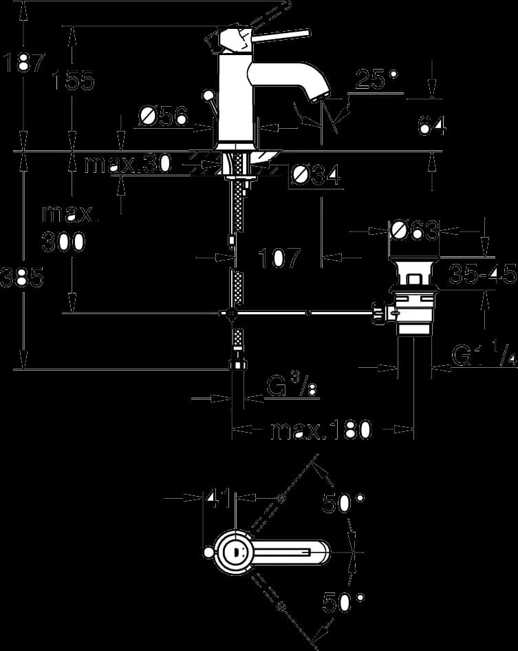 GROHE Start Classic Baterie lavoar monocomandă 1/2" - desen tehnic cu cote