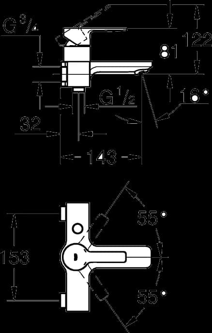 GROHE Lineare Baterie cadă monocomandă ¾" - desen tehnic cu cote