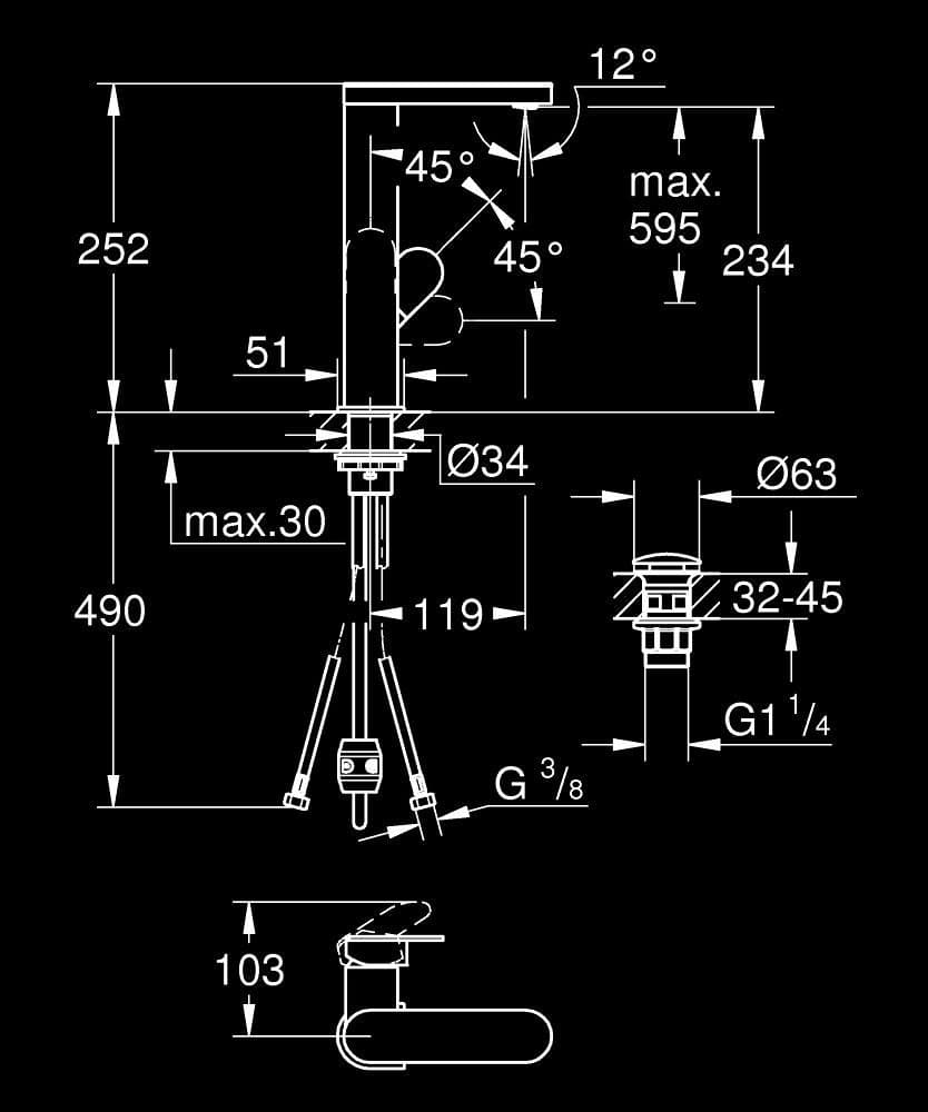 GROHE Plus Baterie lavoar monocomandă 1/2" Mărimea L - desen tehnic cu cote