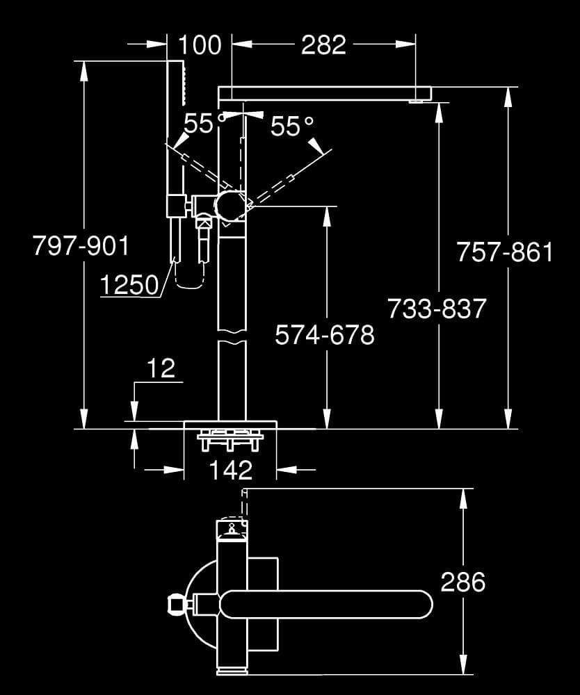 GROHE Plus Baterie cadă monocomandă 1/2", montare pe podea - desen tehnic cu cote