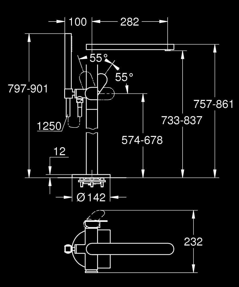 GROHE Plus Baterie cadă monocomandă 1/2", montare pe podea - desen tehnic cu cote