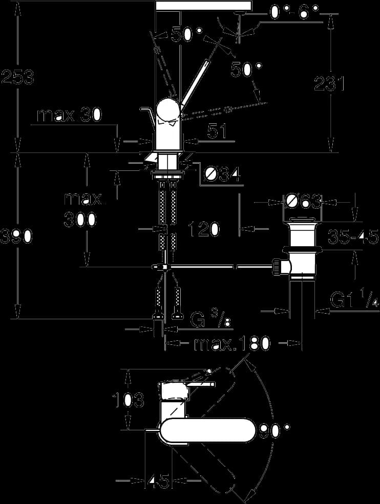 GROHE Plus Baterie lavoar monocomandă 1/2" Mărimea L - desen tehnic cu cote
