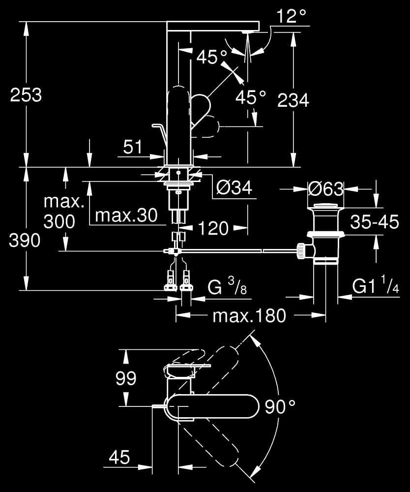 GROHE Plus Baterie lavoar monocomandă 1/2" Mărimea L - desen tehnic cu cote