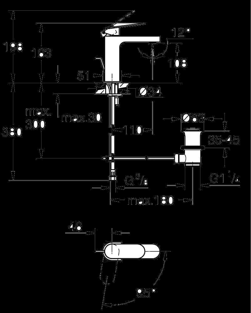 GROHE Plus Baterie lavoar monocomandă 1/2" - desen tehnic cu cote