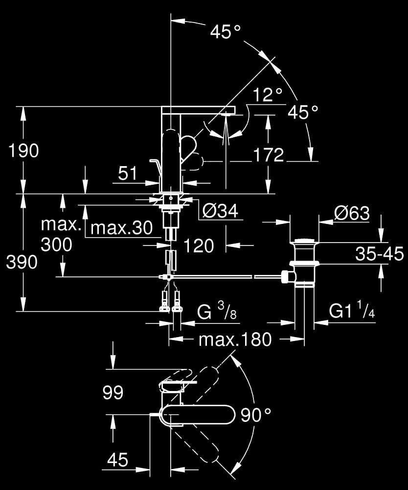 GROHE Plus Baterie lavoar monocomandă 1/2" Mărimea M - desen tehnic cu cote